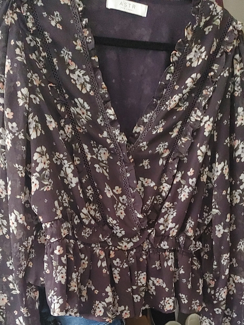 ASTR Floral Ruffle V-Neck Peplum Dress - Plum Floral